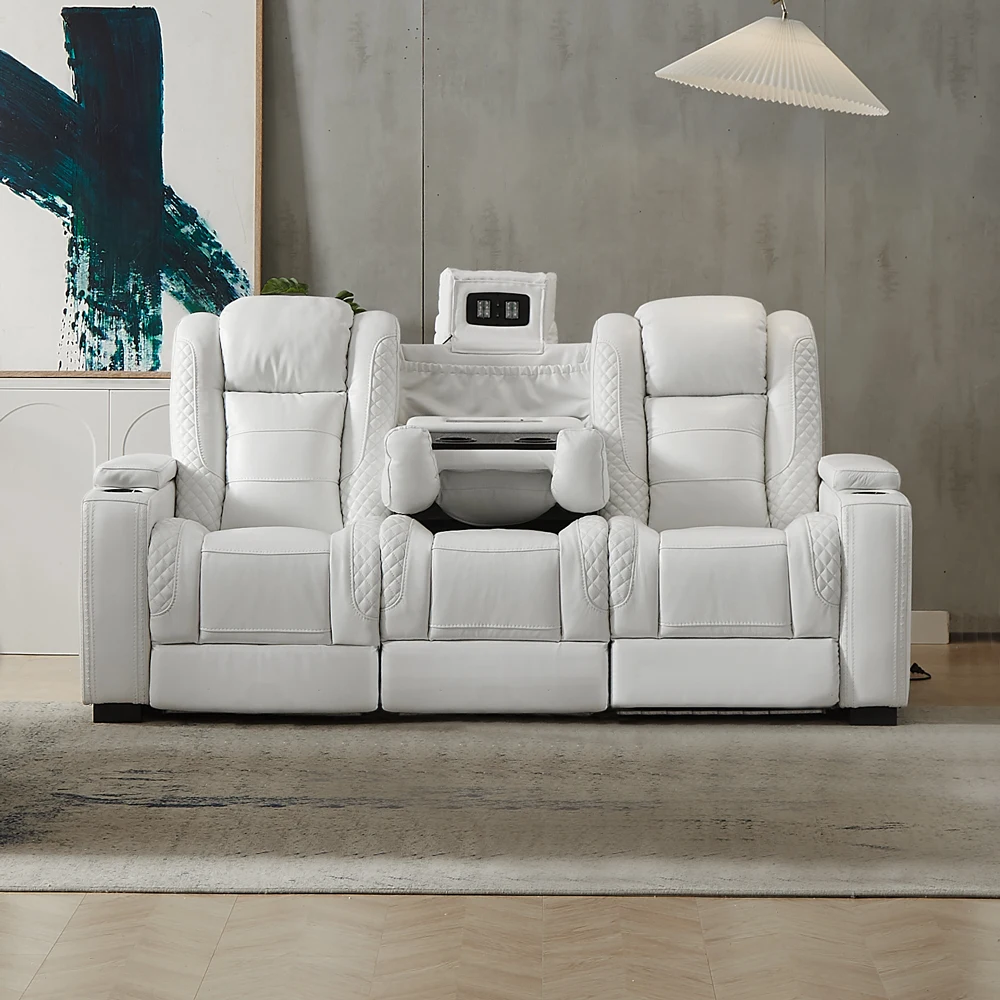 Home Cinema Recliners - أريكة جلدية بيضاء فاخرة قابلة للإمالة